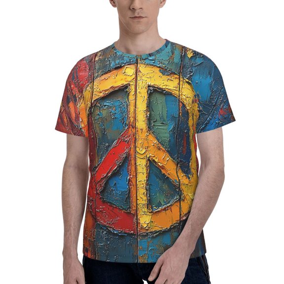 Men's 3D Graphic T-Shirts Short Sleeve Crewneck Tee, Rainbow Peace Love Sign