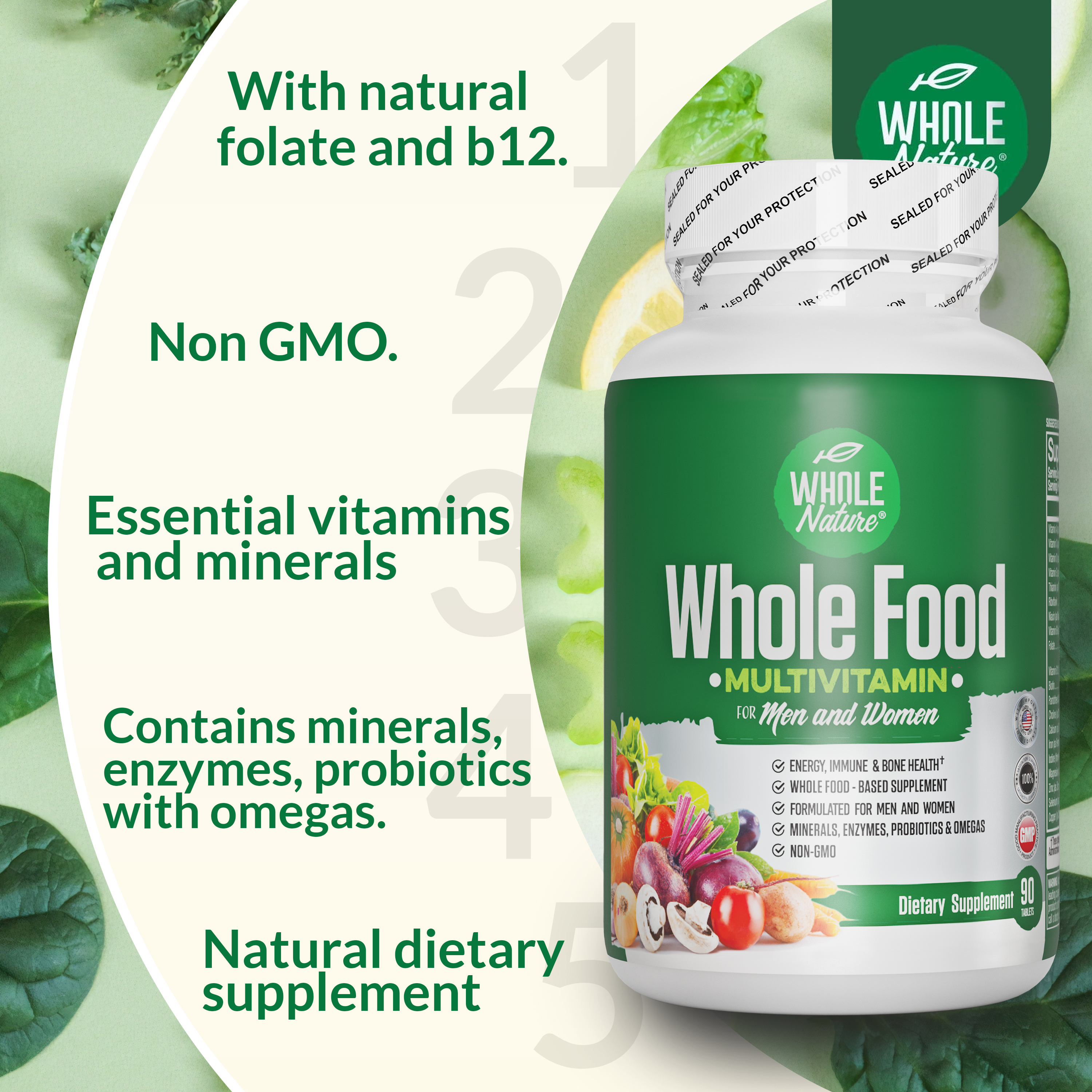 Whole Nature Multivitamin with Probiotics & Omega for Men & Women - Natural High Potency Vitamins