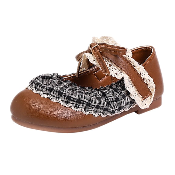YunPes Girls Mary Jane Shoes Ruffle Gingham Lace Trim Flats Princess Shoes with Bowknot Ankle Strap Elegant Vintage Dress Shoes