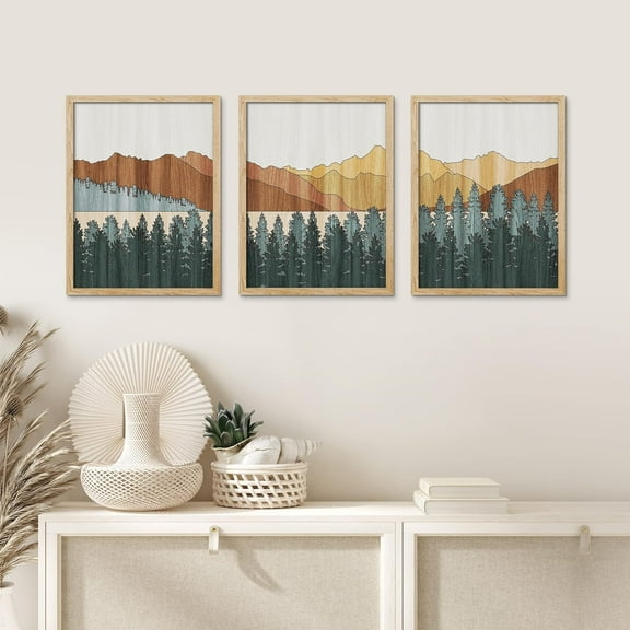 PixonSign Framed Canvas Print Wall Art Set - Mountain Range Valley & Pine Tree Forest Art - Set of 3 Nature Wilderness Landscape Artwork Illustrations Wall Décor - 12"x16"x3 Panels Natural