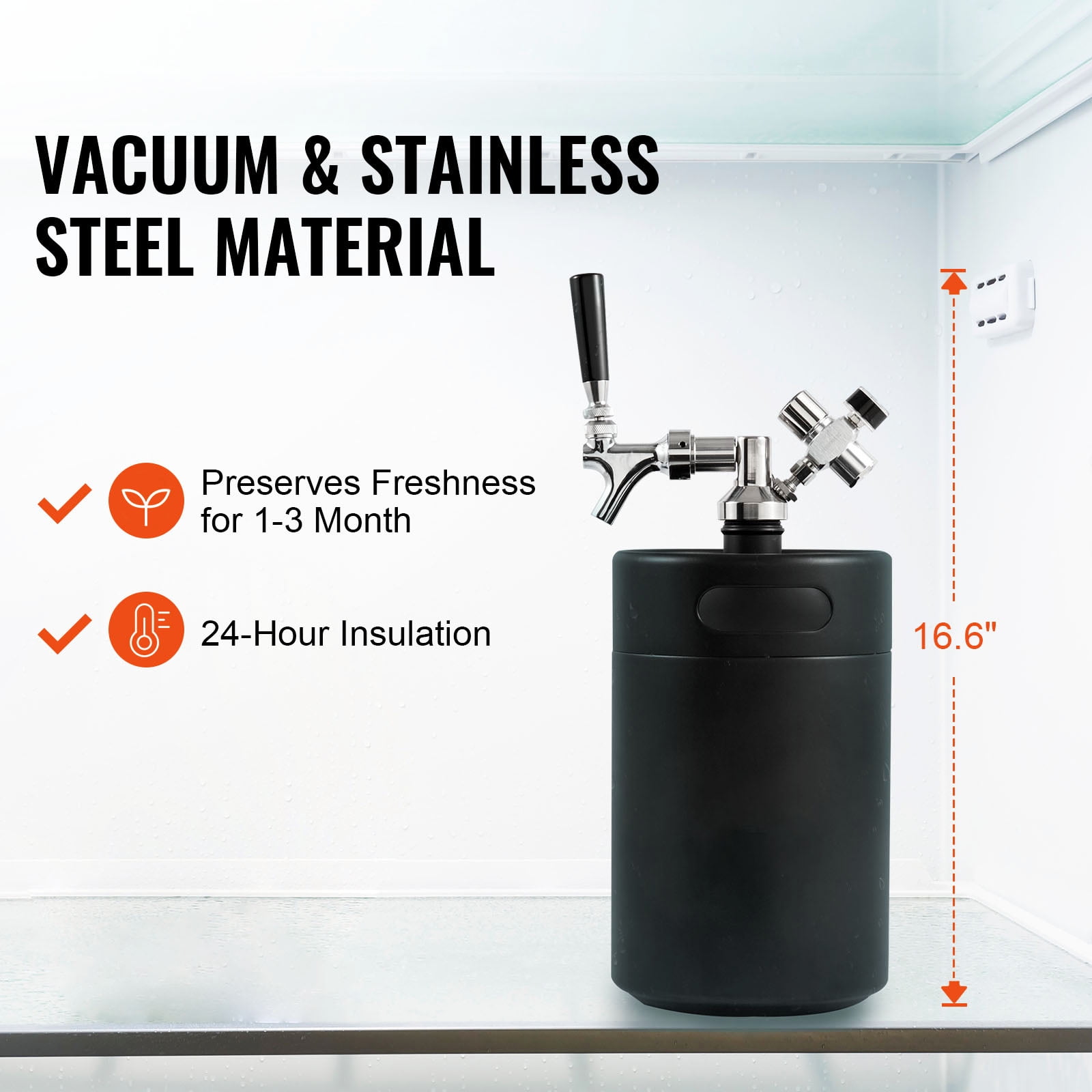 VEVOR Beer Growler Tap System Pressurized Growler Mini Beer Keg Draft Beer Growler with Pressure Display Homebrew 170 Oz/5 L Black