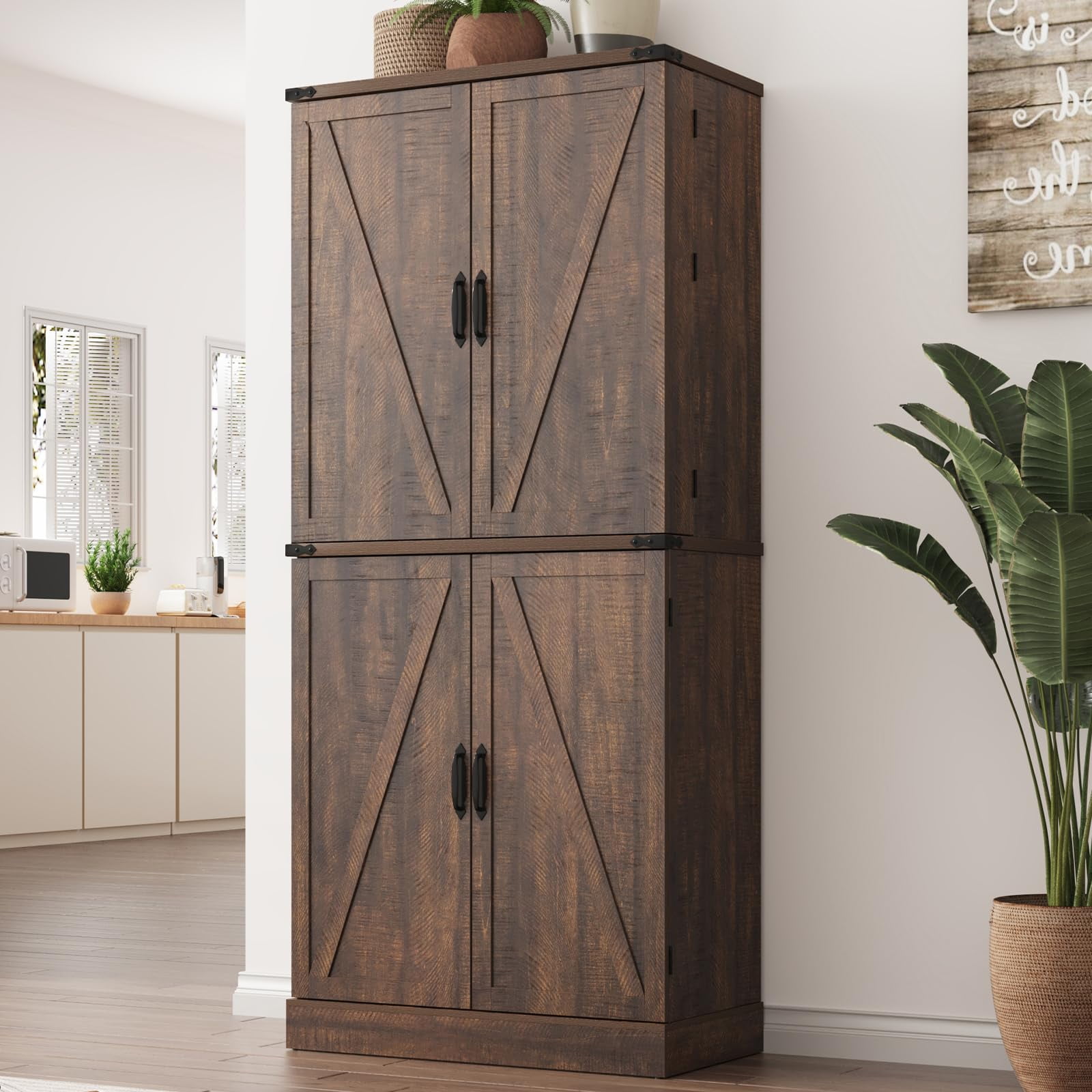 ChVans Farmhouse 71" Tall Kitchen Pantry with 6 Hanging Shelves, 4 Barn Doors Pantry Storage Cabinet with 3 Drawers & Load-Bearing Steel Pipe for Kitchen, Dining Room, Living Room, Rustic Brown