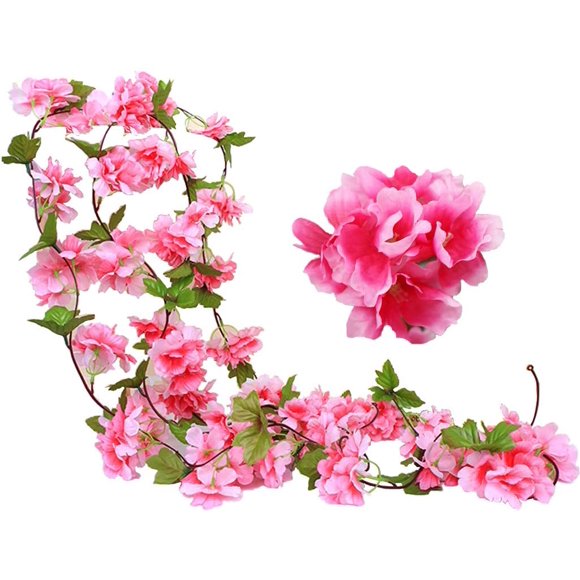 2 Pack 230cm Faux Cerise Vigne Fleurs Plante Artificielles Lierre Suspendu Guirlande de Soie aux Feuilles Vertes pour Intérieur Extérieur Accueil Hôtel Jardin Fête Mariage Art Décor (Rouge)