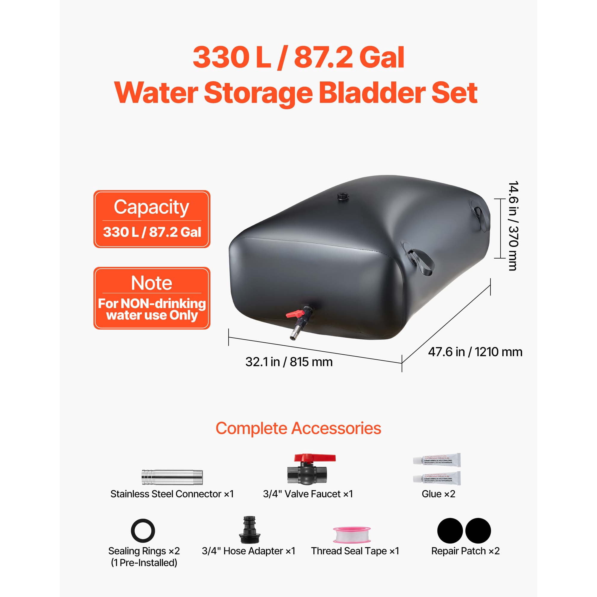 KFFKFF Collapsible Water Storage Bladder, 87.2 Gal Portable Water Tank, Durable 1000D PVC Material, Leak-Resistant Design for Camping, Garden Irrigation, RVs, and Emergency Water Supply, Black
