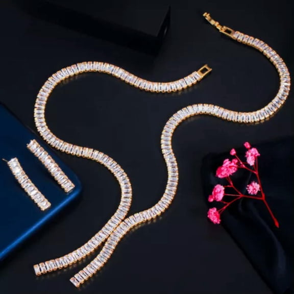 Necklace Earrings Women Costume Jewelry Set for Engagement Rose Red African Gold