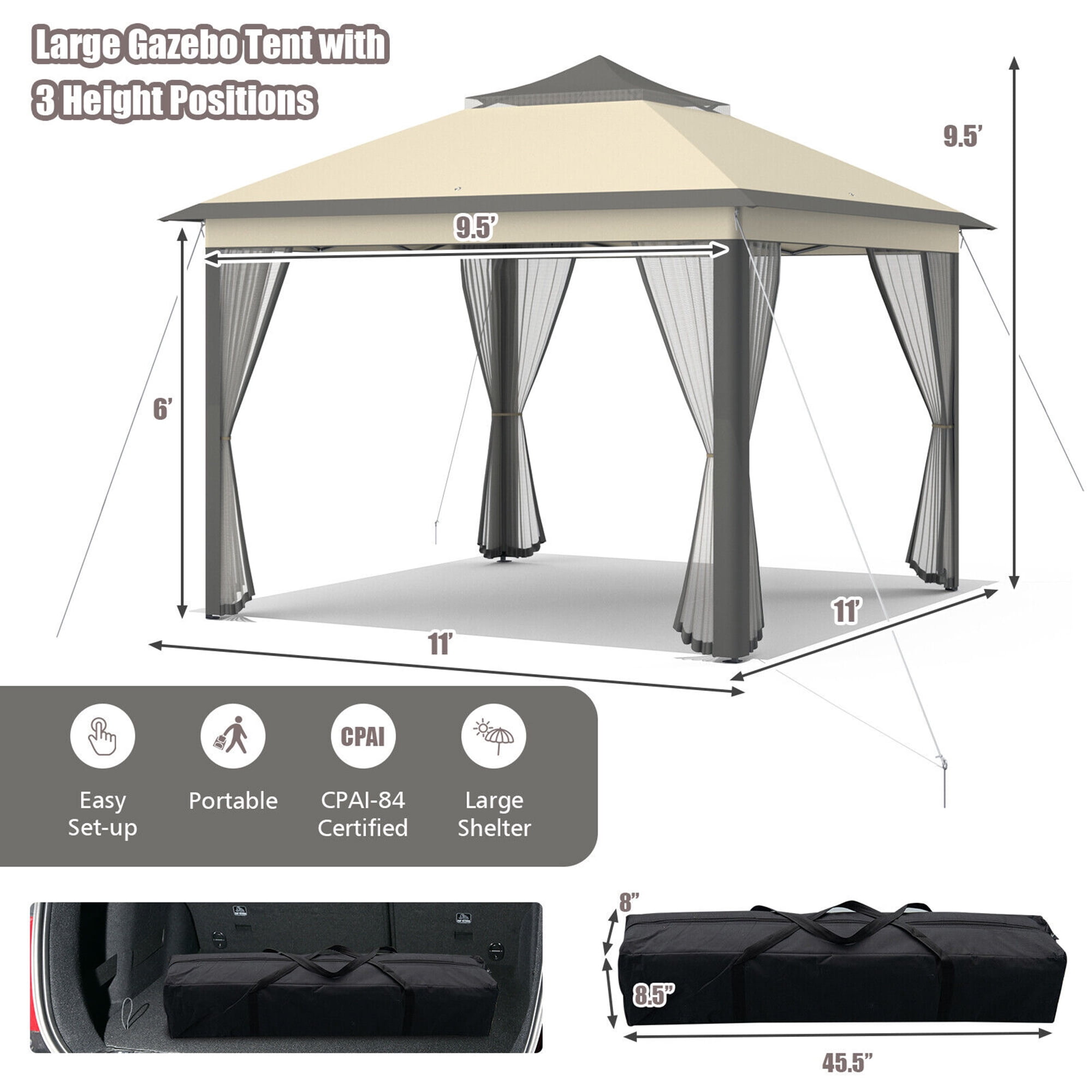 Gymax 11 x 11 ft Pop up Gazebo 2-Tier Patio Canopy Tent Shelter w/ Carrying Bag Brown