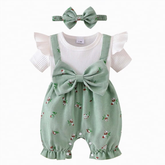mgoYE Newborn Baby Girl Clothes 3 Months Summer Short Sleeve Romper Floral Bow Short Jumpsuit Infant Cute Outfits(Light Green,1-3 Months)