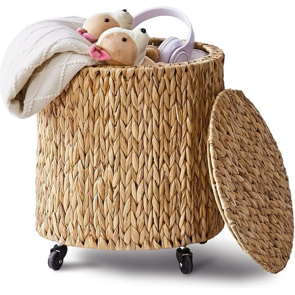 Casa Pura Furniture Handwoven Seagrass Laundry Hamper with Lid & Rolling Wheels – Stylish and Functional Storage Solution