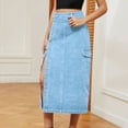 thumbnail image 3 of Previn Women's Denim Skirt Split Jean Cargo Skirt Casual Fitted Tea Length Jean Skirts Slimming Button Mid Rise Summer Fashion Fall Light Blue Large, 3 of 5