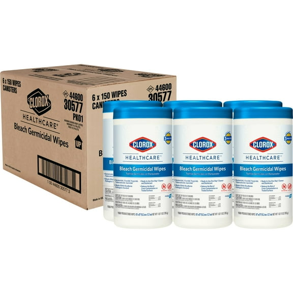 Bleach Germicidal Wipes, 6 X 5, Unscented, 150/canister, 6 Canisters/carton