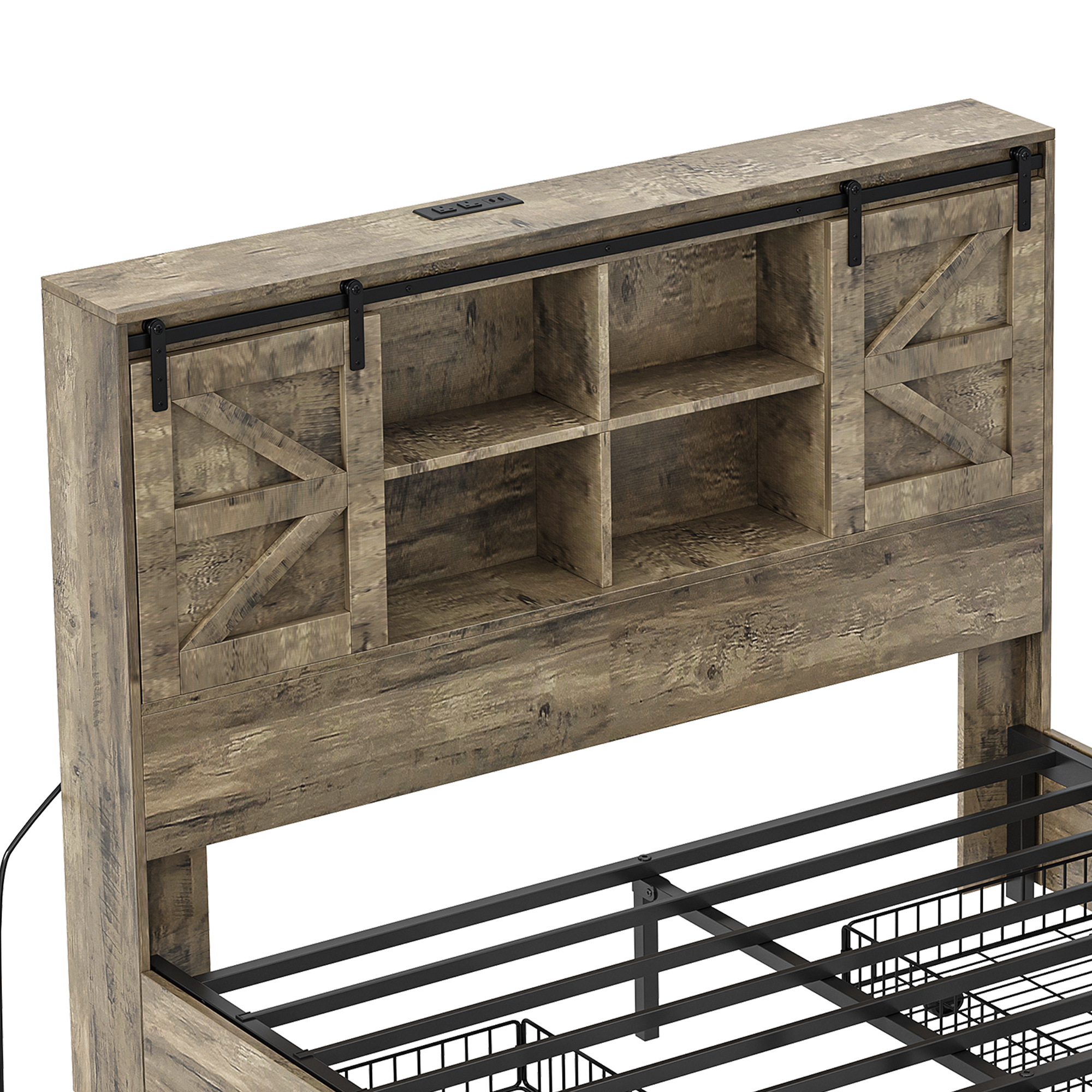 Uforic Queen Size Farmhouse Platform Bed Frame with Sliding Barn Door, 4 Wheeled Underbed Storage Drawers, No Box Spring Required, Antique Grey