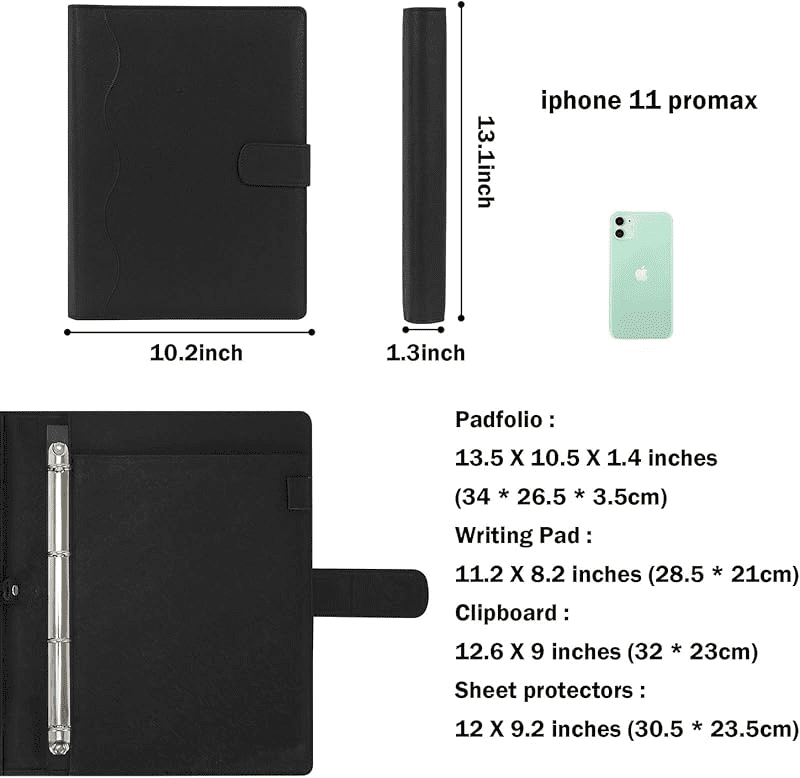 Wonderpool A4 PU Leather Ring Holder Writing Portfolio Multi Document Case with Removable Binder Clipboard and Functional Pocket for Organizer Office Travel School (Black)
