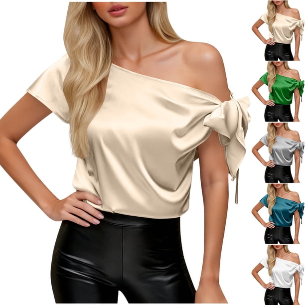 RKSTN Off Shoulder Satin Tops for Women Oversized Short Sleeve Asymmetrical Neck Silk Blouse Shirts Womens Casual Solid Summer Plus Size Loose Fits Comfy Elegant Bowknot Tunic Shirts