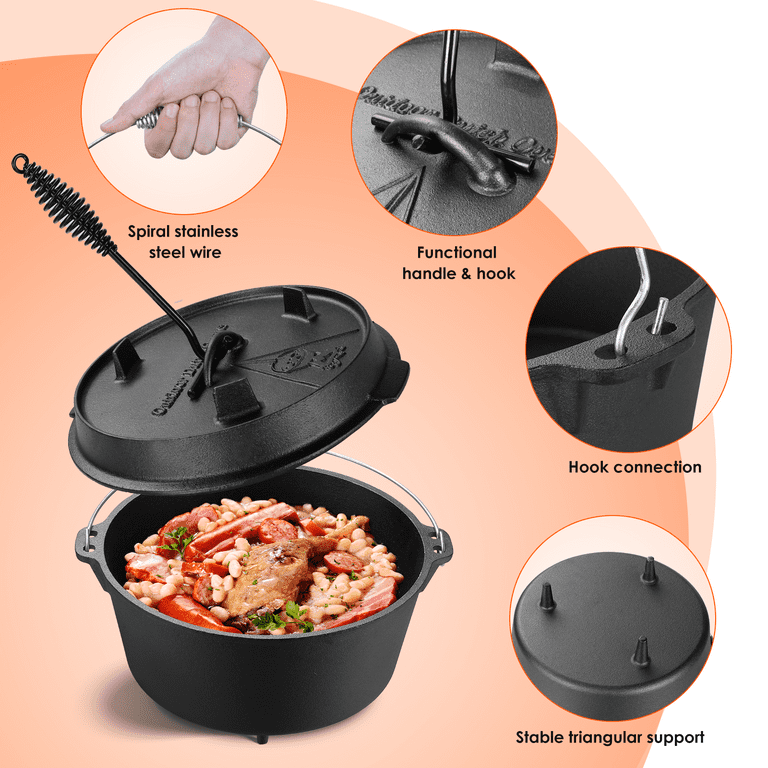 Pirecart 13.2 Quart Cast Iron Dutch Oven, Lid Lifter, Stand, Dual