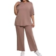 thumbnail image 3 of Women Plus Size Solid 2 Pieces Sets Short Sleeve Casual Tops and Wide Leg Pants Tracksuit, 3 of 6