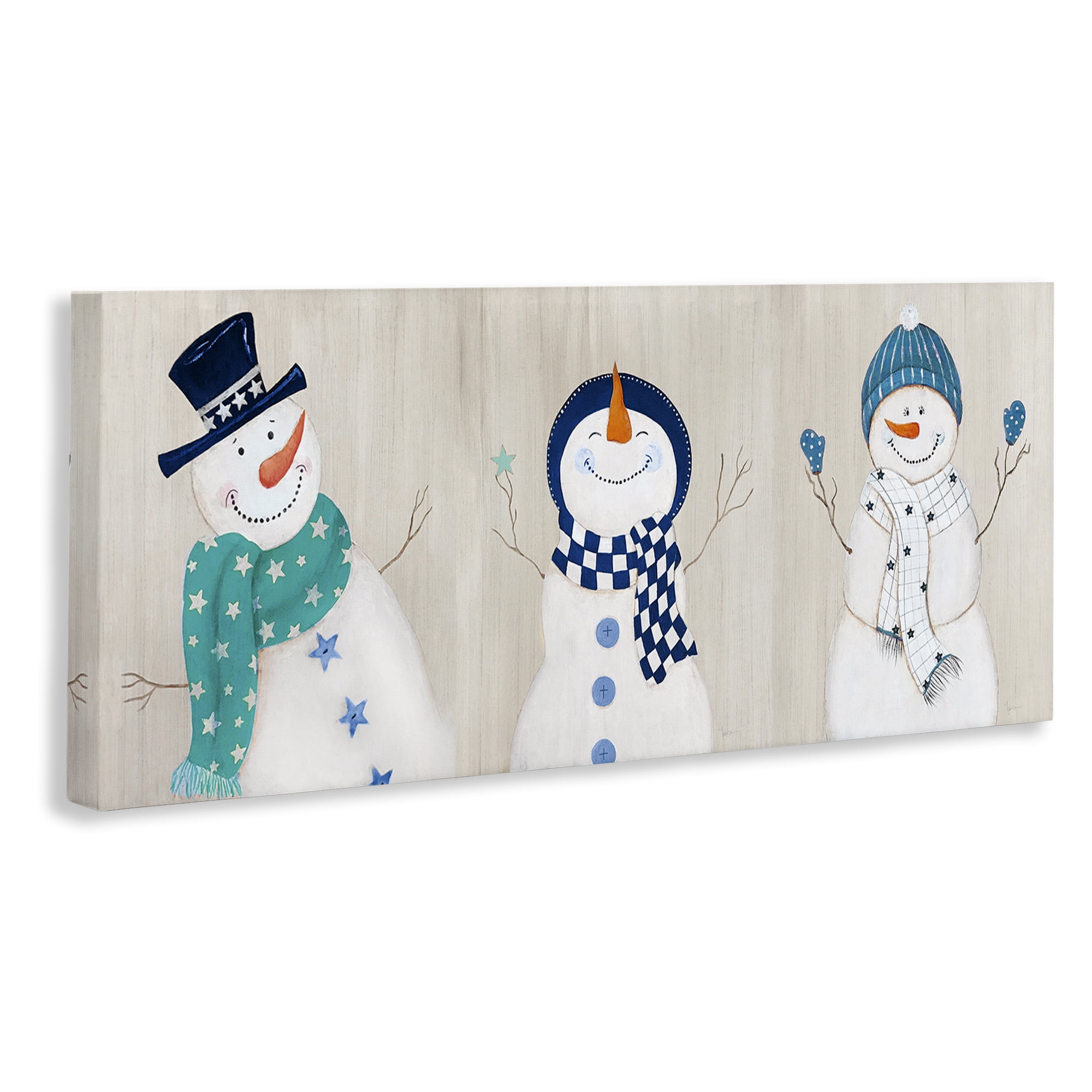 Stupell Industries Happy Snowman Trio Holiday Painting Gallery Wrapped Canvas Art Prints Wall Art, 24 x 10