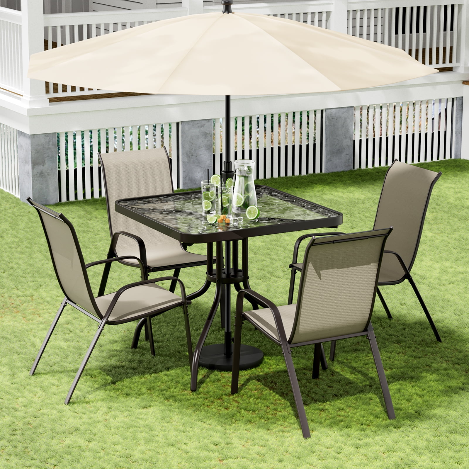 Pirecart Patio Dining Table and Chairs Set, Outdoor Dining Table with 4 Stackable Textilene Chairs for Patio, Lawn, Garden (Umbrella Not Included)