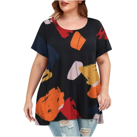 

Drindf Women s Plus Size Short-Sleeve Crewneck T-Shirt Elegant Flower Print Blouse 2023 Summer Going Out Cozy Tops Tee
