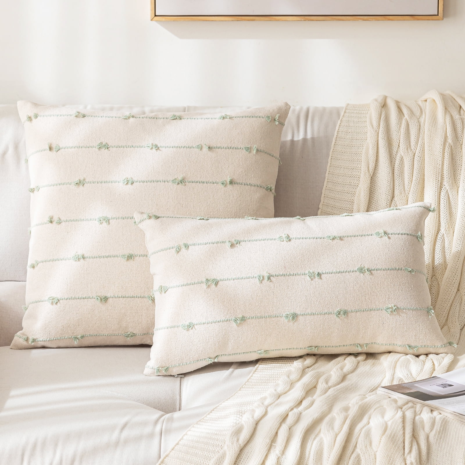 Skodaer Boho Throw Pillow Covers 12"x20" Set of 2 Modern Farmhouse Decorative Cushion Case Tufted Square Pillows Cover Neutral Pillow Cases Accent Pillowcase for Sofa, Couch, Bed,Green