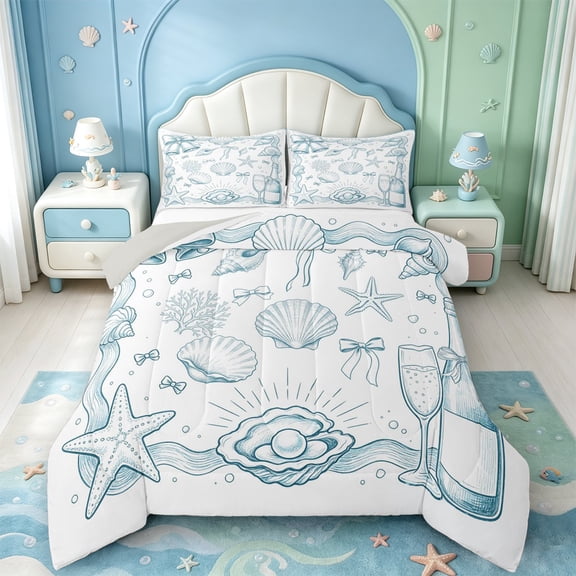 Manfei Linear Pearl Oyster Full Size Comforter Sets,Bow Starfish Wine Bedding Comforter Set,Light Gray Reversible,3pcs,1 Comforter and 2 Pillowcases