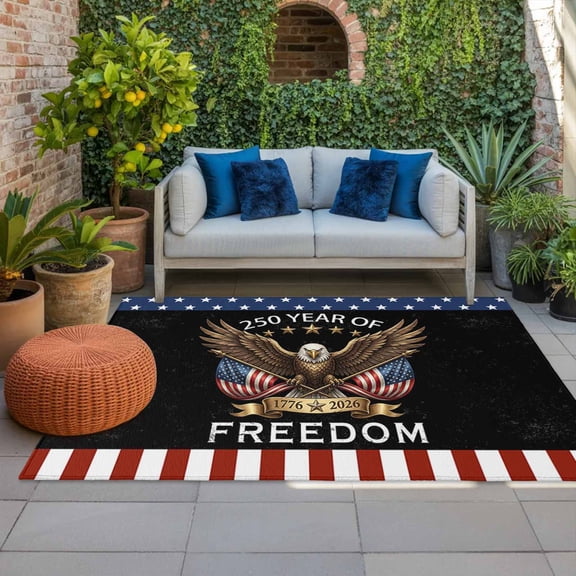 4th of July Outdoor Rug 3x5 ft American 250 Years Outdoor Large Area Rug Non Slip Patriotic Freedom Eagle USA Flag Front Door Mat RV Rug Carpet Patio Outdoor Rugs for Backyard Balcony Deck Porch