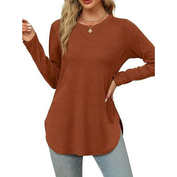 Women'S Long Sleeve Crew Neck Shirt Side Basic Loose Tunic Top Casual Brick Red S