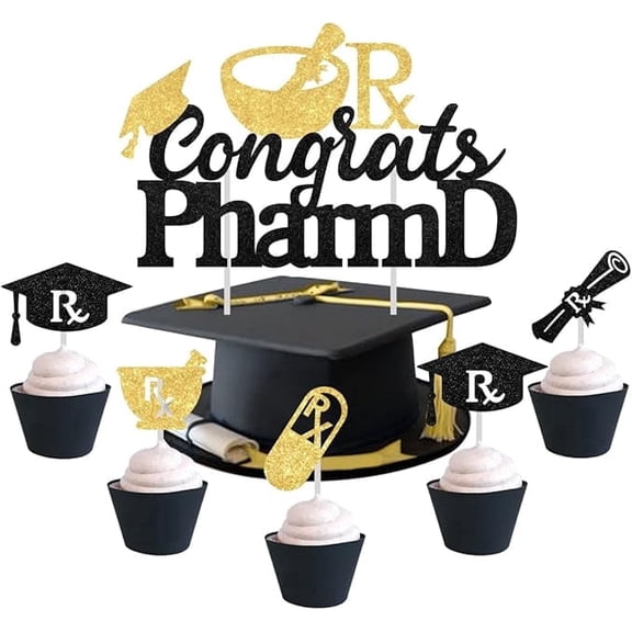 Congrats Grad Cake Topper Black, Graduation Hat Cupcake Topper 2026 Congrats PharmD. Theme College Graduation Party Decoration 25PCS Black Gold Sparkly Glitter