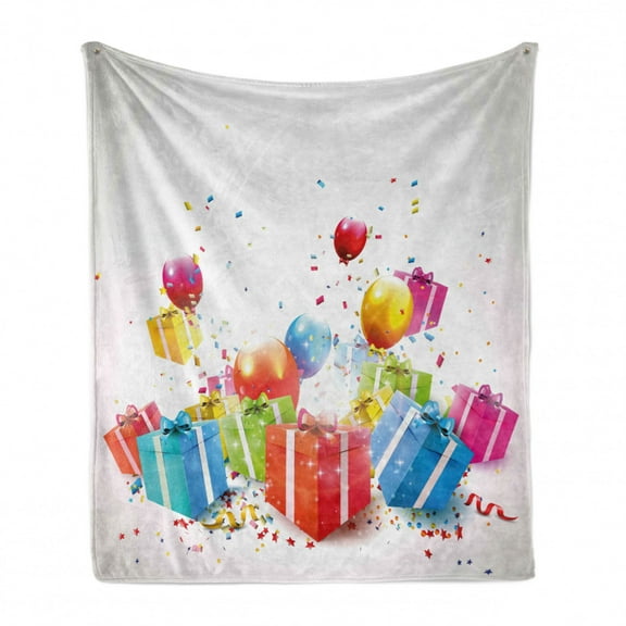 Birthday Soft Flannel Fleece Throw Blanket, Surprise Boxes with Bow Ties Rain Colorful Balloons Celebratory Set, Cozy Plush for Indoor and Outdoor Use, 50" x 60", Multicolor, by Ambesonne