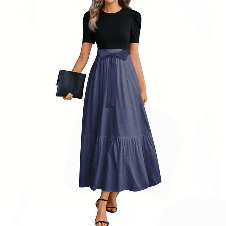 TQWQT Modest Dresses for Women Short Sleeve Teacher Dress Plain Print  Church Maxi Dresses Empire Waist Cute Patchwork Ruffle Hem A Line Dresses  Plus Size Modest Clothing Navy L - Walmart.com