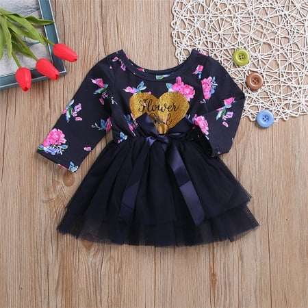 

Hunpta Toddler Kids Girls Infant Floral Letters Prints Long Sleeves Bowknot Mesh Tulle Princess Dress