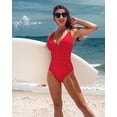 thumbnail image 5 of Charmo Women Ribbed One Piece Swimsuits V Neck Ruched Tummy Control Monokini Bathing Suit, 5 of 7