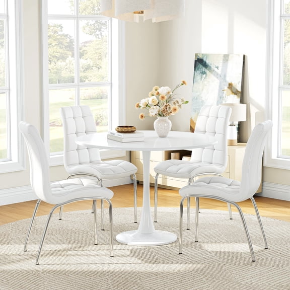 5-Piece Dining Table Set, 31.5" Round Tulip Pedestal Dining Table and 4 Ergonomically Designed PU Chairs, Dining Table Set for Kitchen, Living Room, Office
