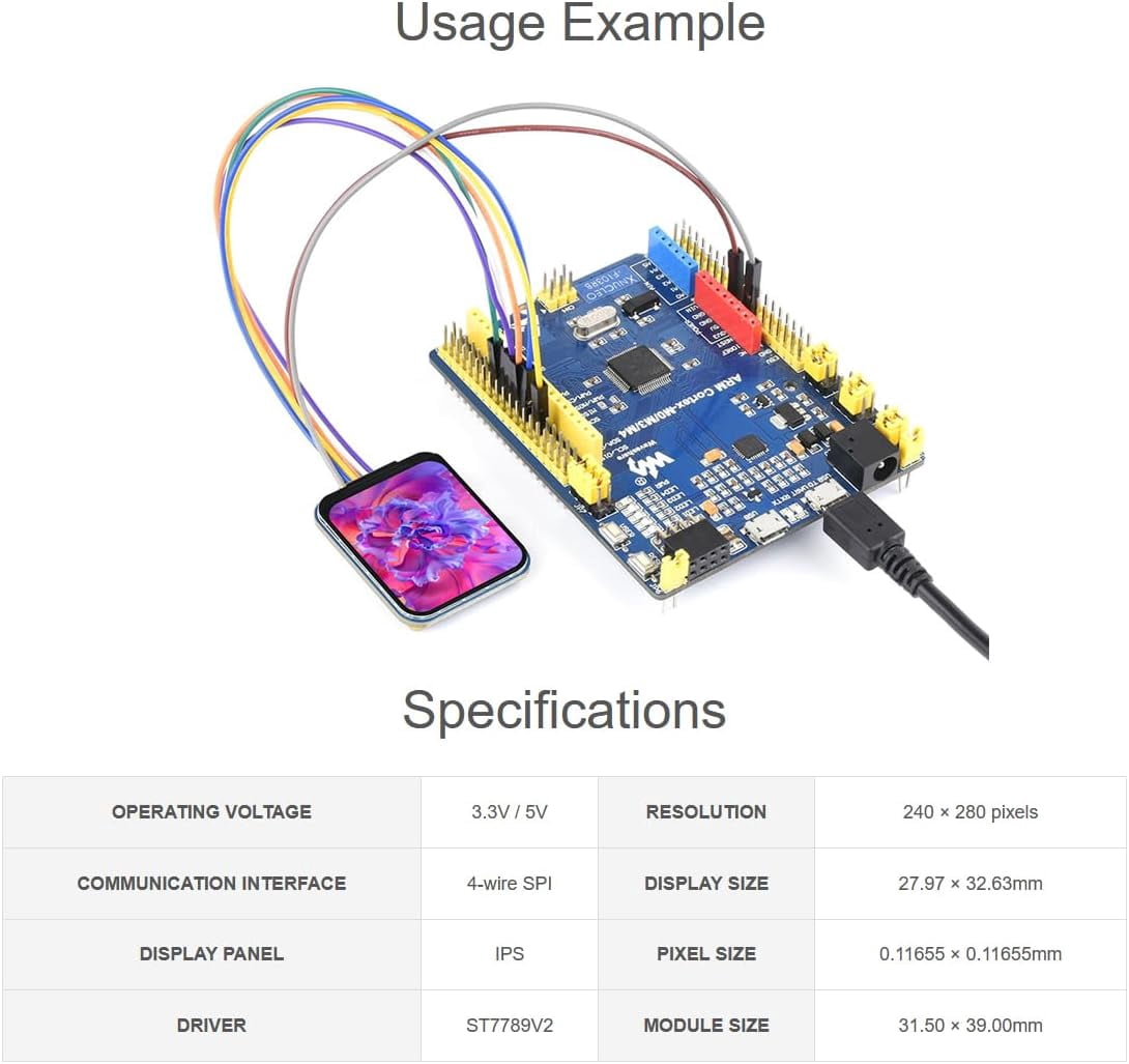 1.69inch LCD Display Module for /Arduino / STM32 Controller Boards, 240×280 Pixels 262K Colors IPS Screen Embedded ST7789V2 Driver Chip, SPI Interface, 3.3V / 5V