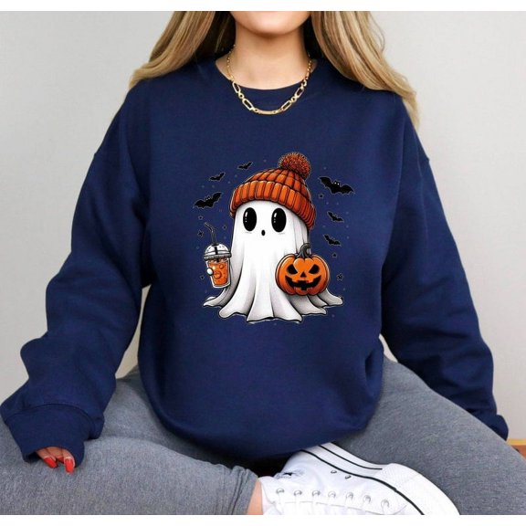 Cute Ghost Halloween Sweat Sweatshirt, Cozy Fall Sweatshirt for Women with Coffee and Boogie Vibes, Perfect for Parties and Spooky Season