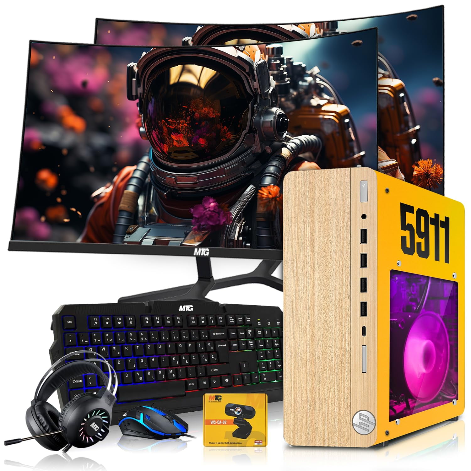 Restored HP Full Light Gaming PC Desktop Computer 5911 AMD A10-9700, RX 550, 16GB RAM, 1TB SSD, Dual 24 Inch Curved Monitor, RGB KBM with AI Copilot, WiFi, RGB Headphone, Webcam, Windows 11