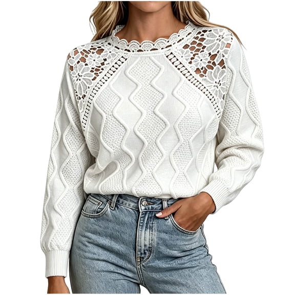 TEAJOPSUU Womens Fall Sweaters Lace Shoulder Cable Knit Sweaters Crew Neck Long Sleeve Textured Casual Pullover Tops White
