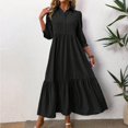 thumbnail image 2 of WTOBBY Women's Fashion Solid Color Notched Lapel 3/4 Sleeve Swing Dress, Casual Flowy Midi Dress with Wide Skirt for Spring Summer Elegance,Black M, 2 of 7