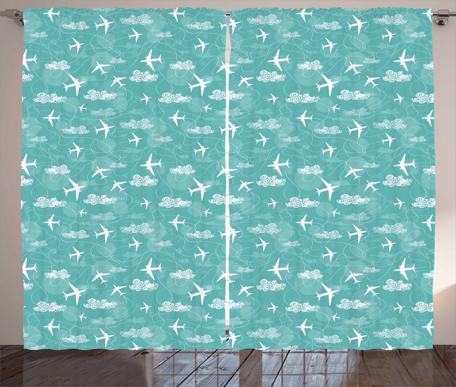 Airplane Curtains 2 Panels Set, Disoriented Flying Jets in Clear Sky
