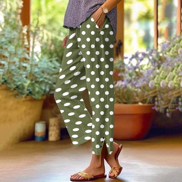 Pincandy Women's Fashion Printed Linen Blend Elastic Waist Casual Pants with Pockets, Button Decorated Split Hem, Casual & Daily Wear