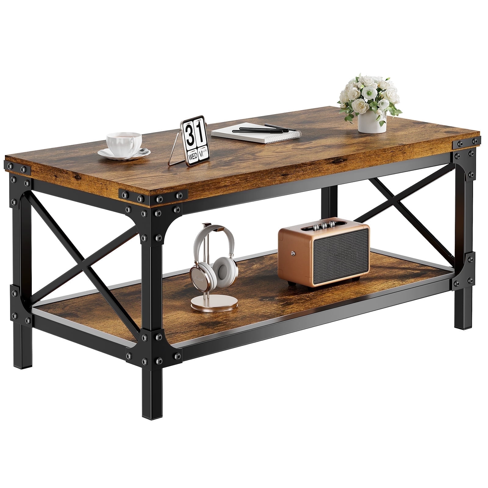 LazySpin Industrial Rectangle Wood Coffee Table for Living Room, Rustic Brown