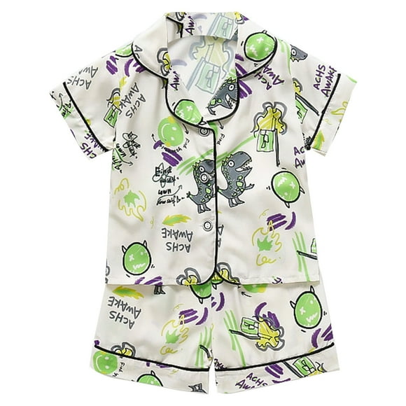 Infant Baby Girls Outfits Set Boys Satin Button Down Short Sleeve Animals Shirt Tops + Shorts Pants Silk Pajamas Sleepwear Kids Clothes Vêtements Pour Filles Size 6-12 Months