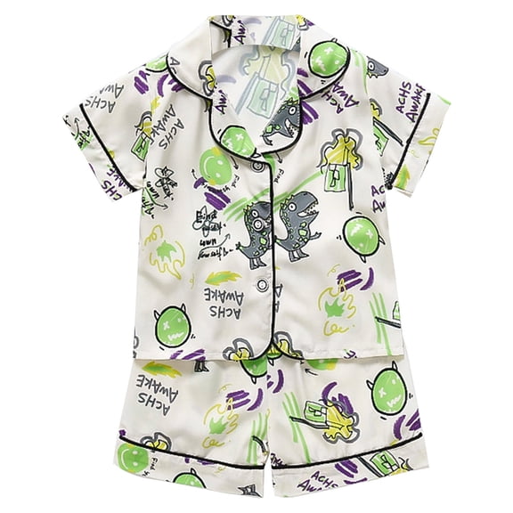 JAJAHO Baby Boys Girls 2 Piece Summer Outfits Silk Satin Home Clothes Set Short Sleeve Button Down Shirt And Shorts Cute Cartoon Animals Matching Set 0-4T Trendy Outfit
