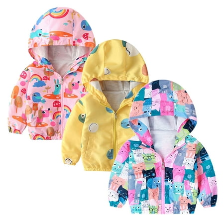

1-6T kids Girls Cartoon Zip Jacket Hooded Trench Lightweight Toddler Outdoor Dust Windbreaker Coats