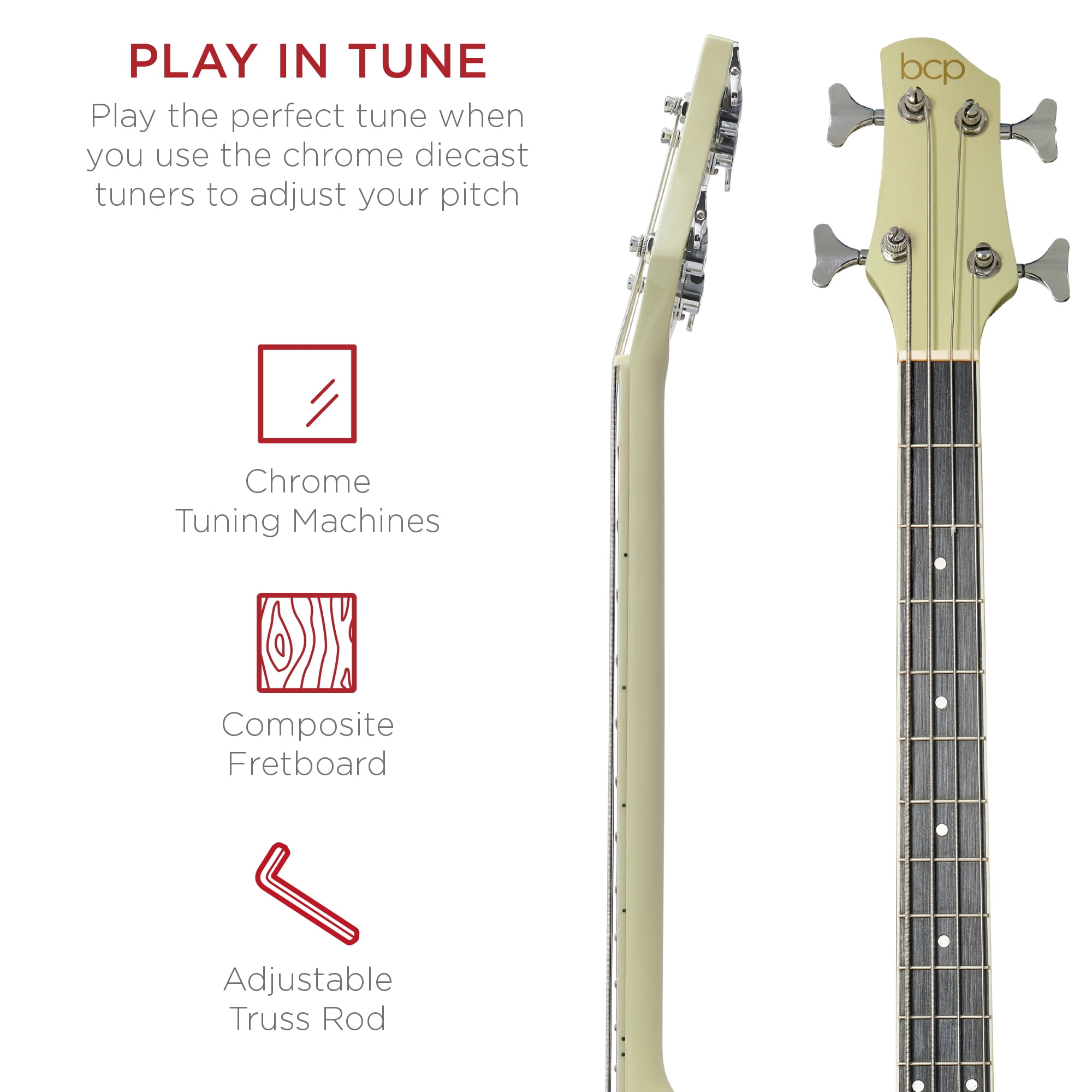 Best Choice Products 22-Fret Full Size Acoustic Electric Bass Guitar w/ 4-Band Equalizer, Truss Rod, Padded Gig Bag - Cream White
