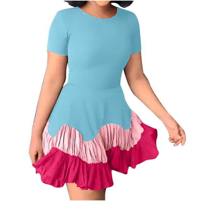 Bigersell Dresses for Women Summer Fashion Casual Short Sleeve Beach Splicing Dresses Dress Shirts for Female Women Fit & Flare Dresses, Style 34455, Sky Blue XL