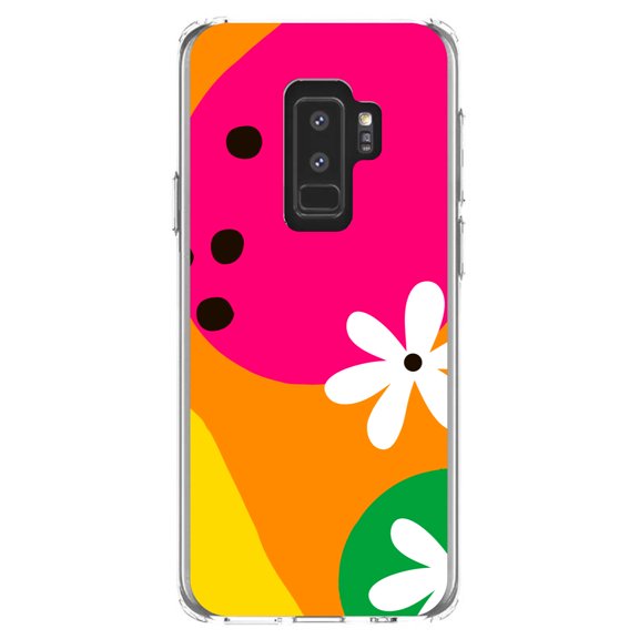 DistinctInk Clear Shockproof Hybrid Case for Samsung Galaxy S9  PLUS (6.2" Screen) - TPU Bumper, Acrylic Back, Tempered Glass Screen Protector - Summer Vibes Bold Flower Orange Pink Yellow