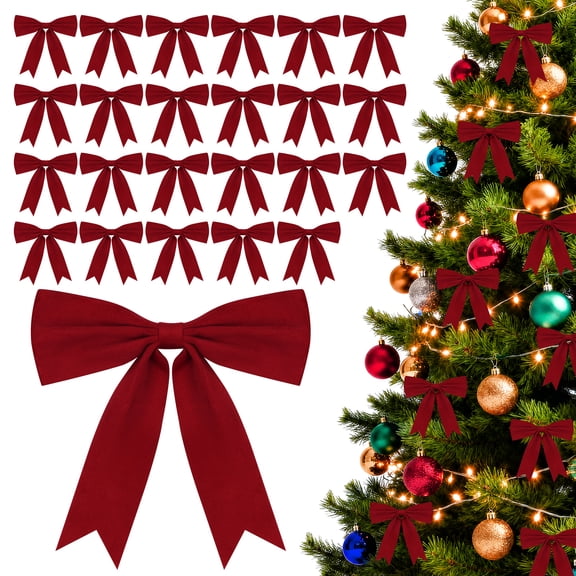 Yexmas 24pcs Burgundy Velvet Christmas Bows, Xmas Ribbon Bows Ornaments for Christmas Tree, Gift Wrapping,Crafts,Party, Wreath Garland Holiday Decor