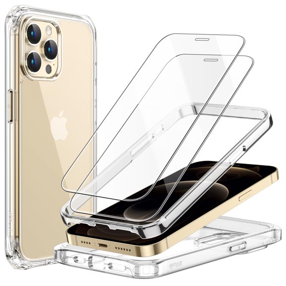JETech Case for iPhone 12 Pro Max 6.7-Inch with 2-Pack Tempered Glass Screen Protector, 360 Full Body Shockproof Bumper Phone Cover Protective Clear Back (Clear)