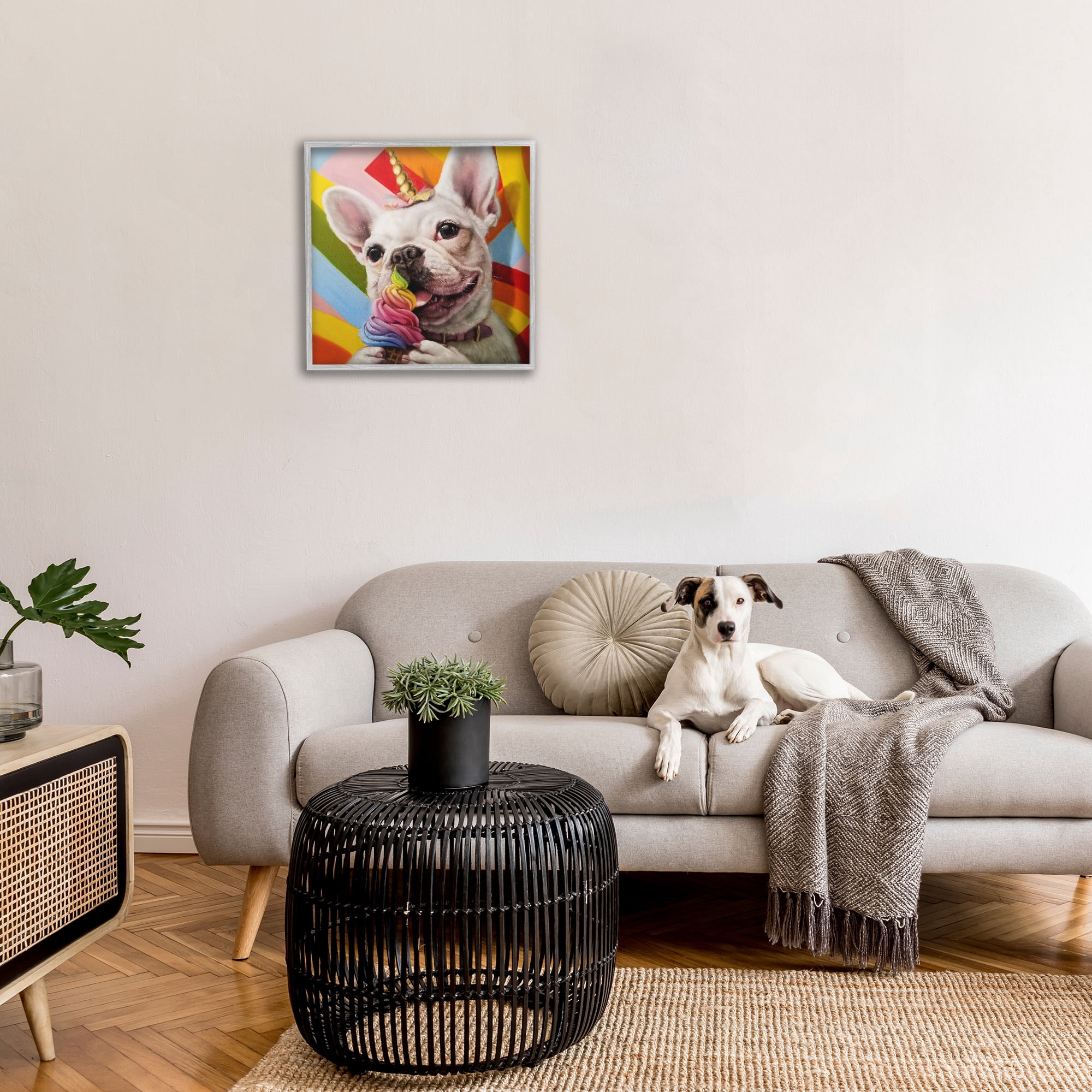 Stupell Industries Rainbow French Bulldog Ice Cream Animals & Insects Painting Gray Framed Art Print Wall Art, 24 x 24