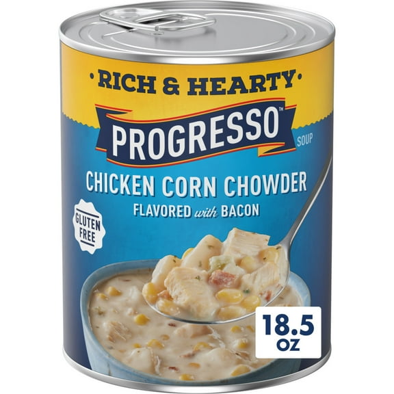 Progresso Chicken Corn Chowder Canned Soup, Flavored with Bacon, Gluten Free, 18.5 oz